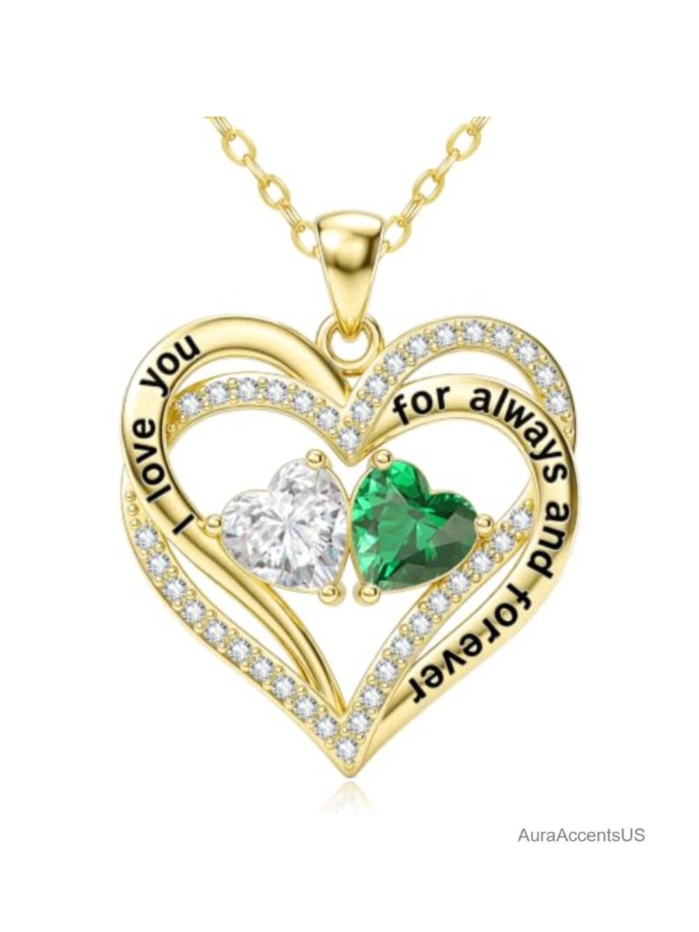 14K Gold Double Heart Birthstone Pendant Necklace
